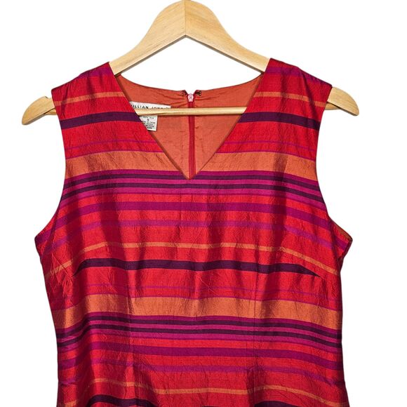 JILLIAN JONES Silk Sheath Dress 8 V-Neck Stripes Pink Orange Purple Sleek Vtg - Picture 2 of 6